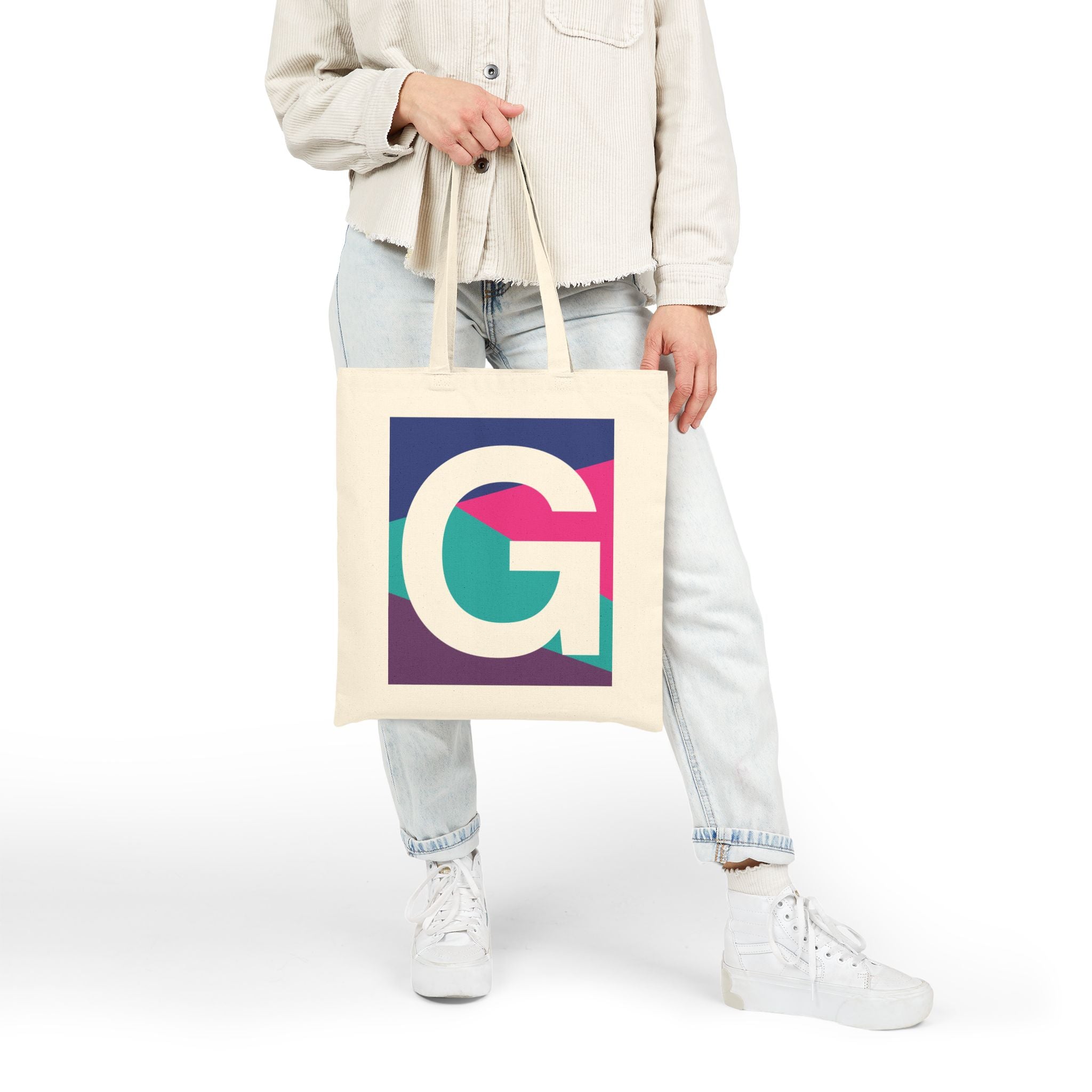 Initial G Colorblock Canvas Tote Bag — Monogram Letter G Reusable Grocery Tote