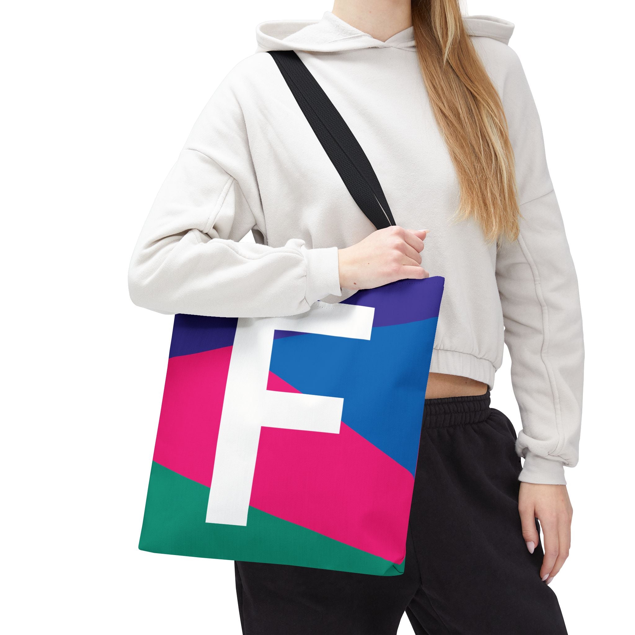 Monogram 'F' Colorblock Tote Bag — Personalized Initial F Shoulder Tote