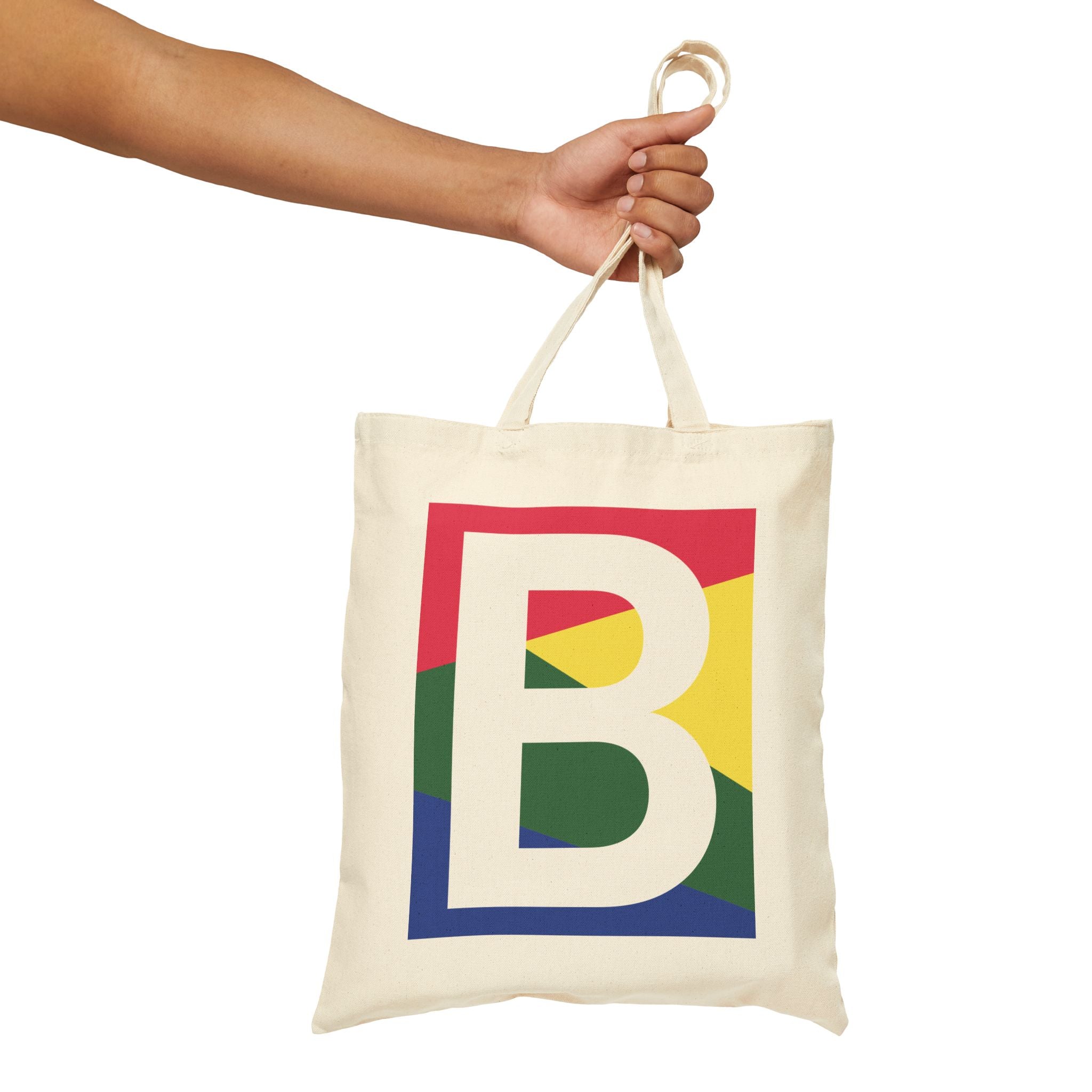 Initial B Colorblock Canvas Tote Bag — Monogram Letter B Reusable Grocery Tote