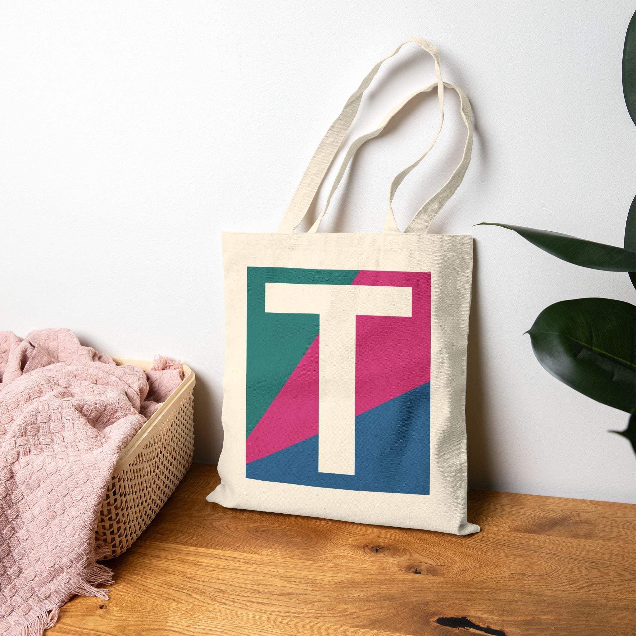 Initial T Colorblock Canvas Tote Bag — Monogram Letter T Reusable Grocery Tote