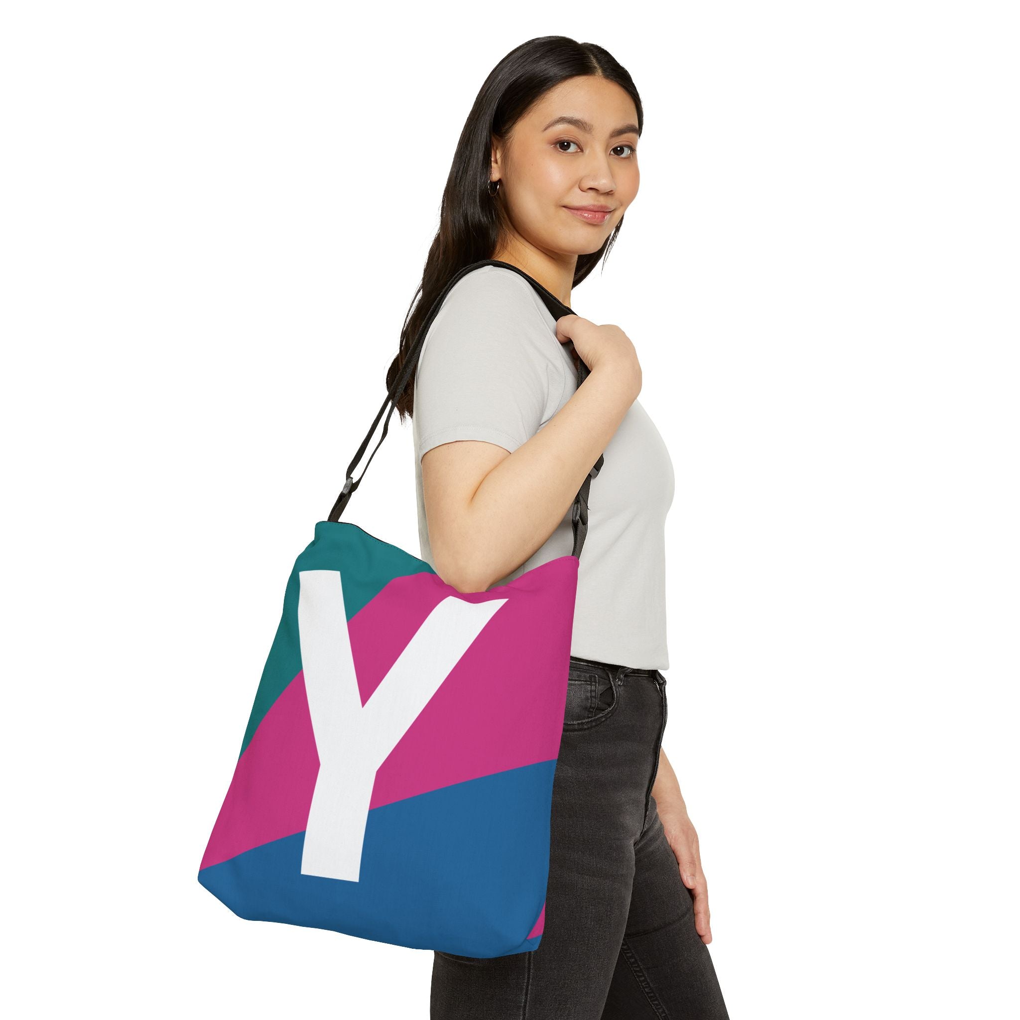 Initial Letter 'Y' Colorblock Adjustable Tote Bag — Monogram Alphabet Shoulder Bag
