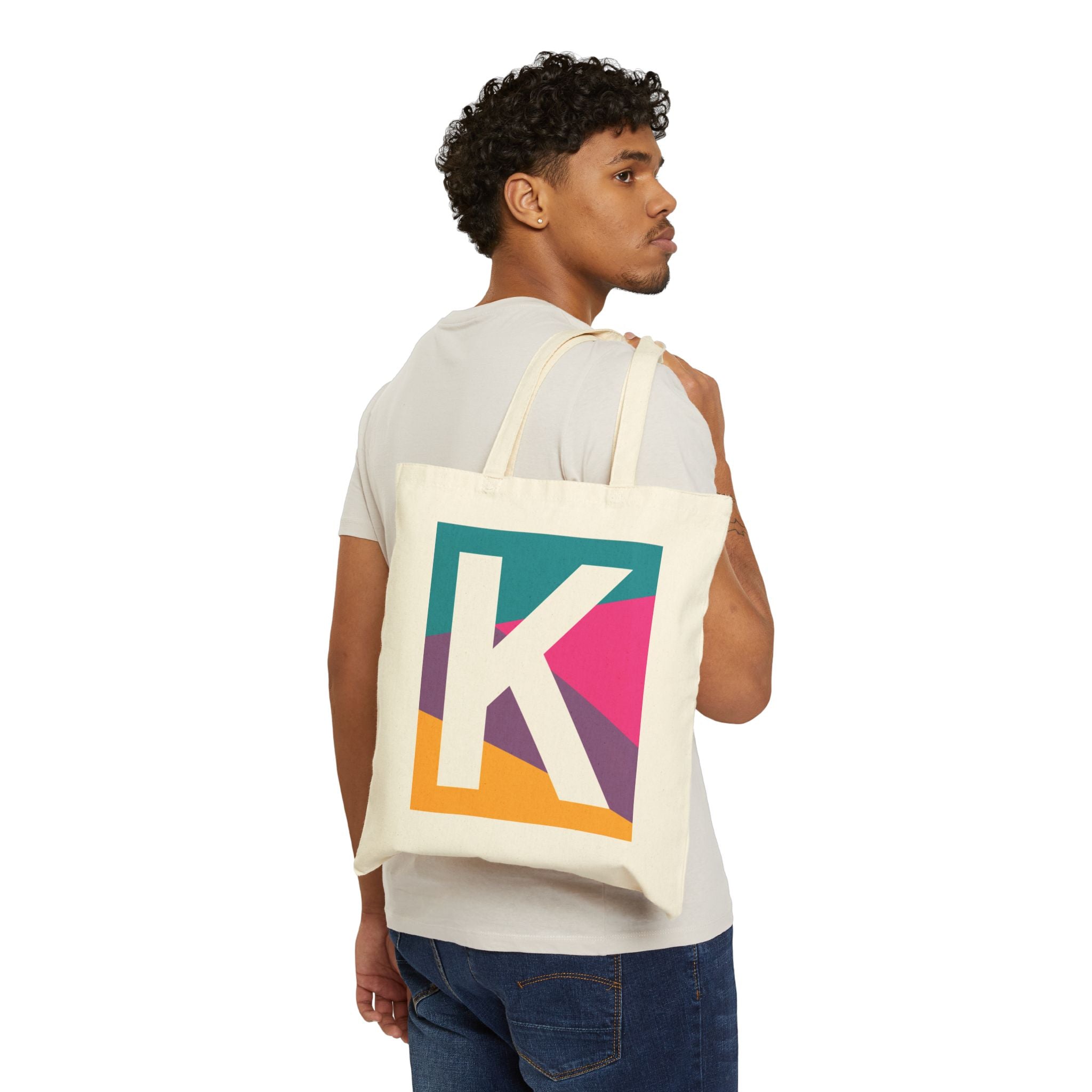 Initial K Colorblock Canvas Tote Bag — Monogram Letter K Reusable Grocery Tote