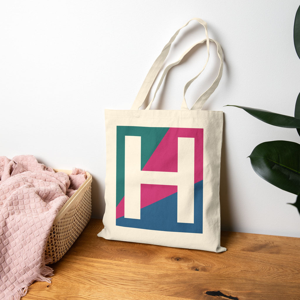 Initial H Colorblock Canvas Tote Bag — Monogram Letter H Reusable Grocery Tote