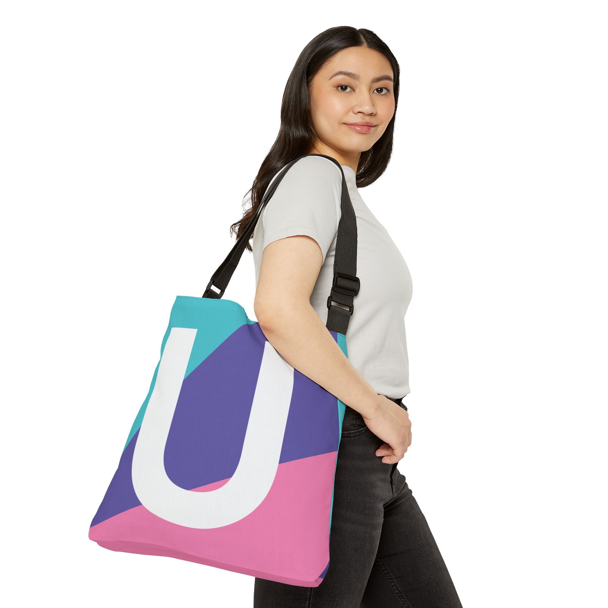 Initial Letter 'U' Colorblock Adjustable Tote Bag — Monogram Alphabet Shoulder Bag