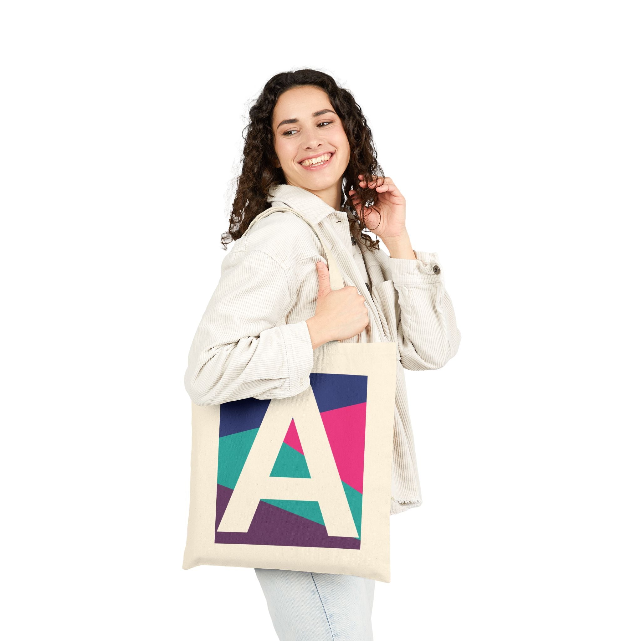 Initial A Colorblock Canvas Tote Bag — Monogram Letter A Reusable Grocery Tote