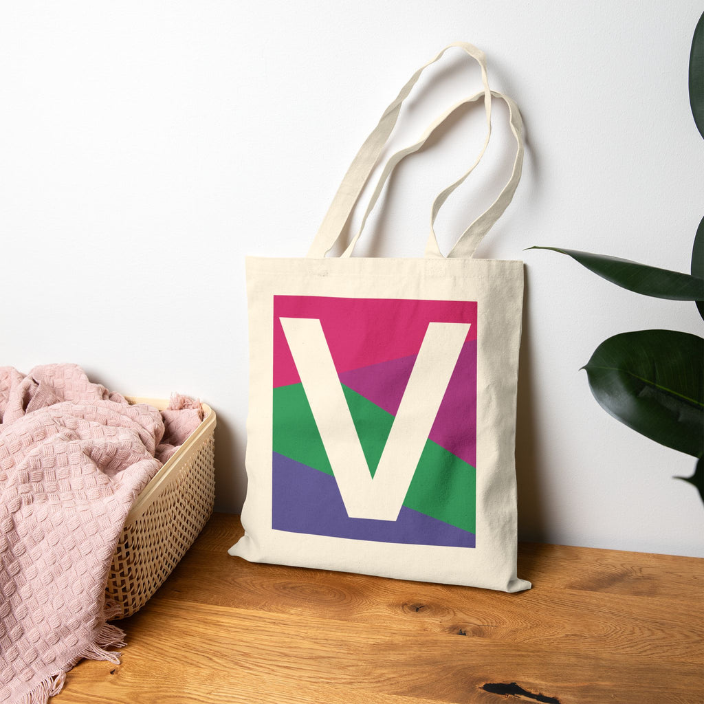 Initial V Colorblock Canvas Tote Bag — Monogram Letter V Reusable Grocery Tote