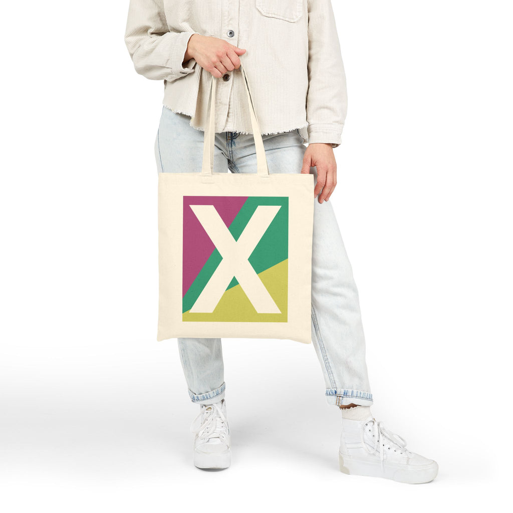 Initial X Colorblock Canvas Tote Bag — Monogram Letter X Reusable Grocery Tote