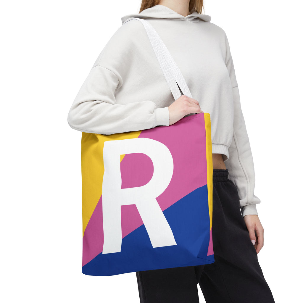 Monogram 'R' Colorblock Tote Bag — Personalized Initial R Shoulder Tote