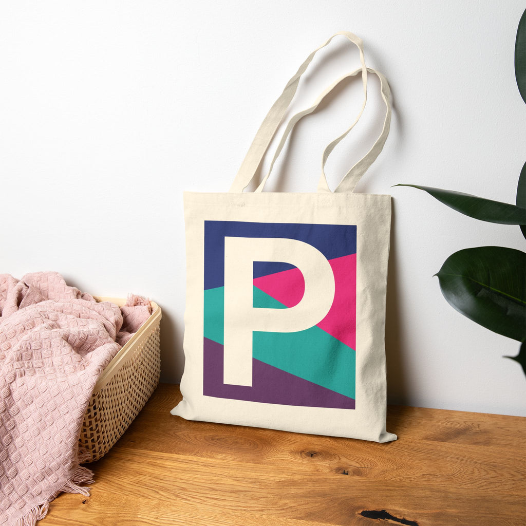 Initial P Colorblock Canvas Tote Bag — Monogram Letter P Reusable Grocery Tote