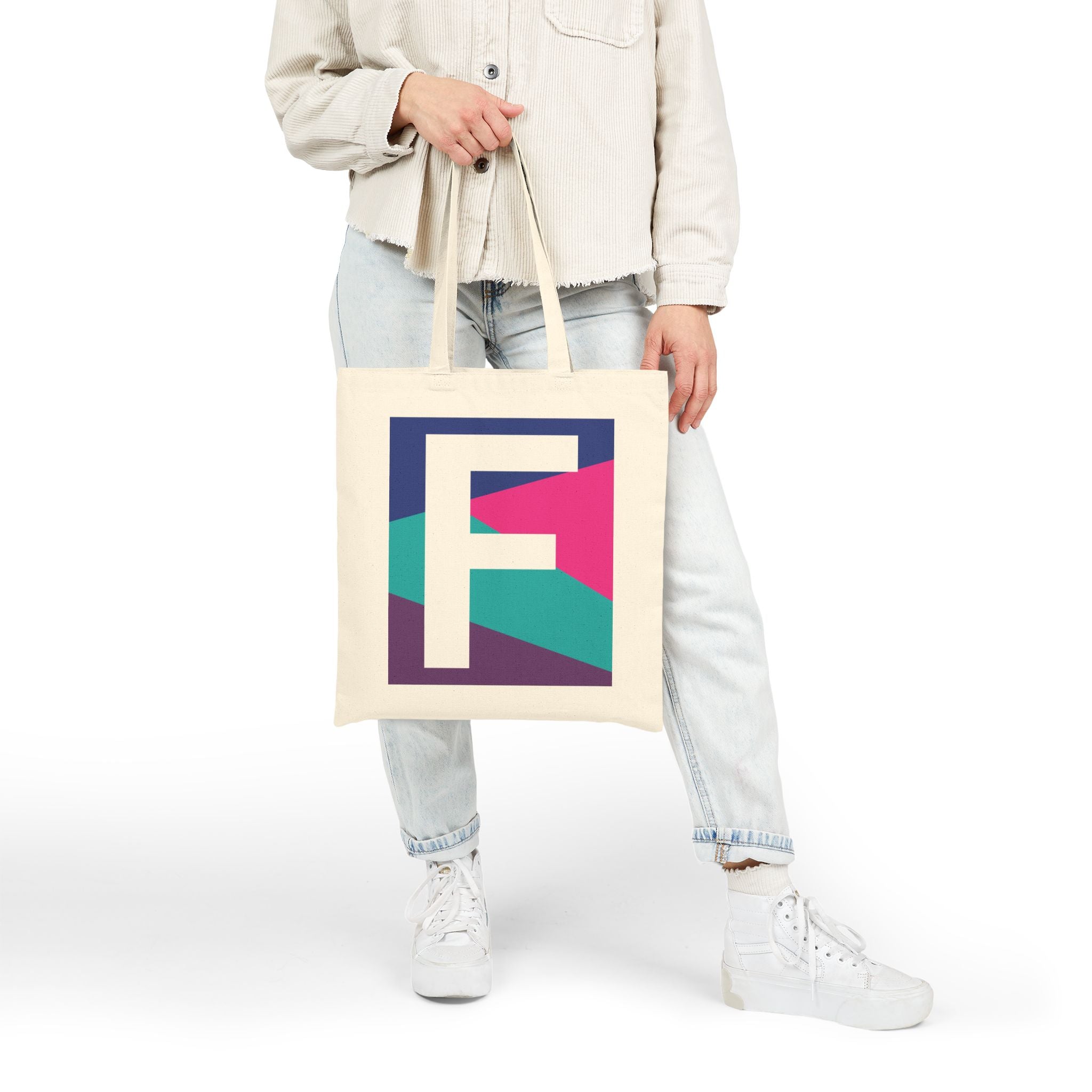 Initial F Colorblock Canvas Tote Bag — Monogram Letter F Reusable Grocery Tote