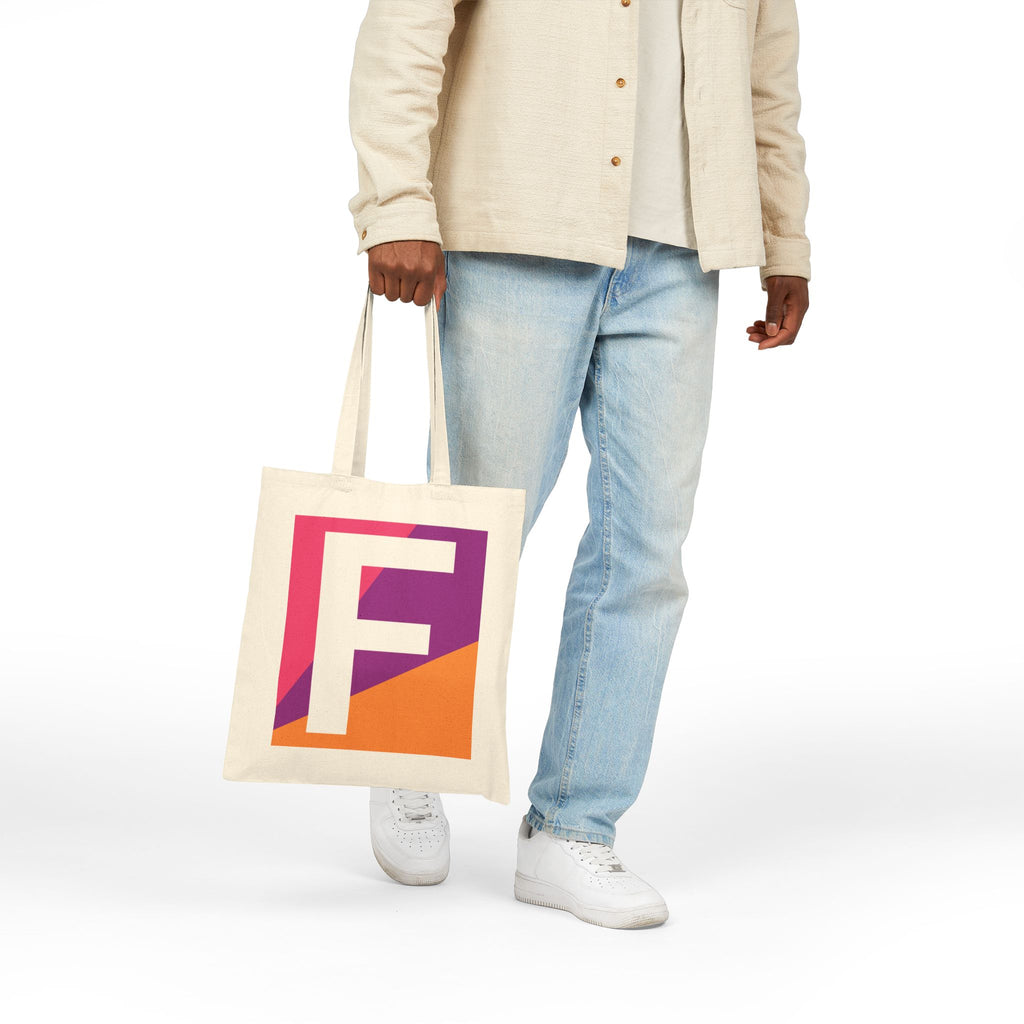 Initial F Colorblock Canvas Tote Bag — Monogram Letter F Reusable Grocery Tote