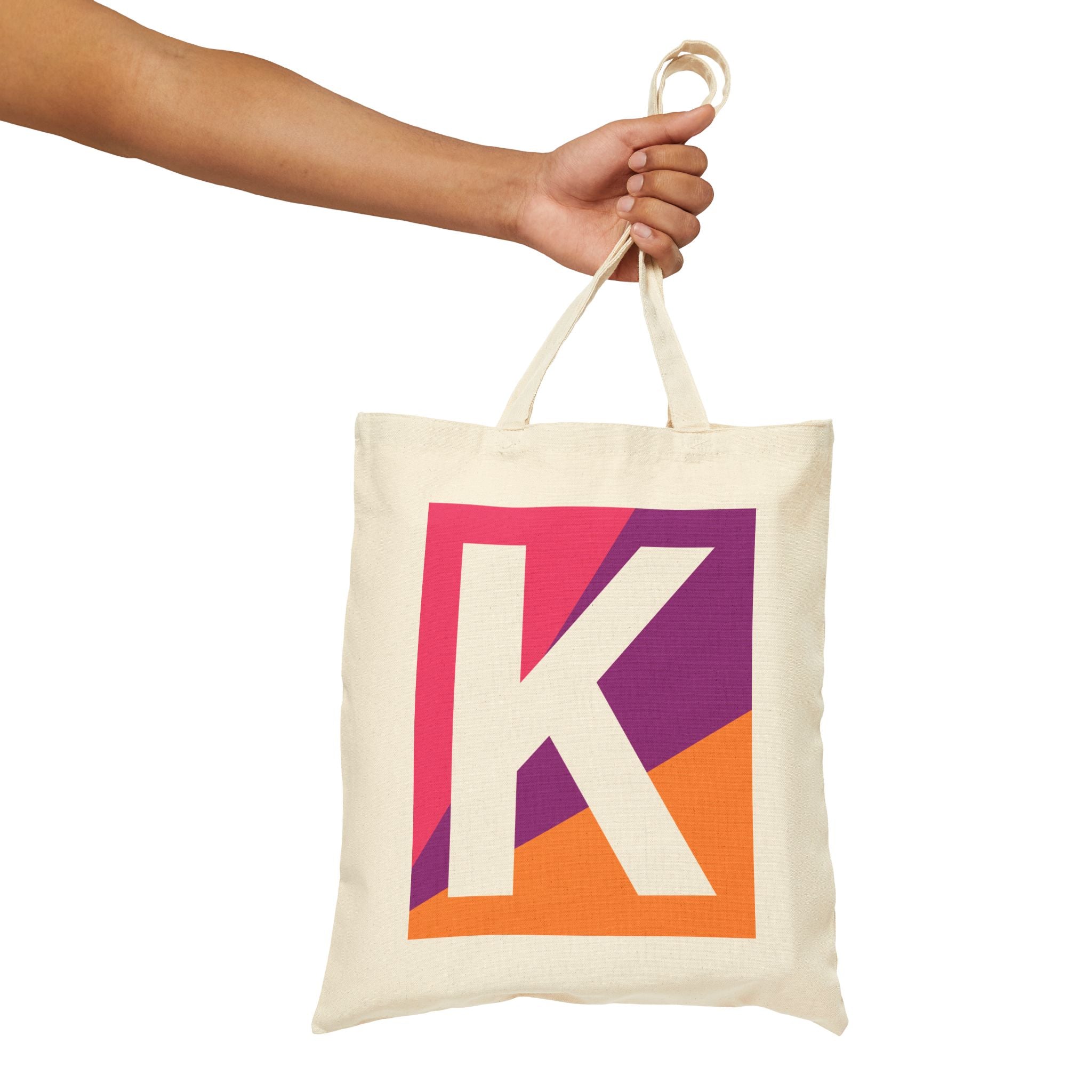 Initial K Colorblock Canvas Tote Bag — Monogram Letter K Reusable Grocery Tote