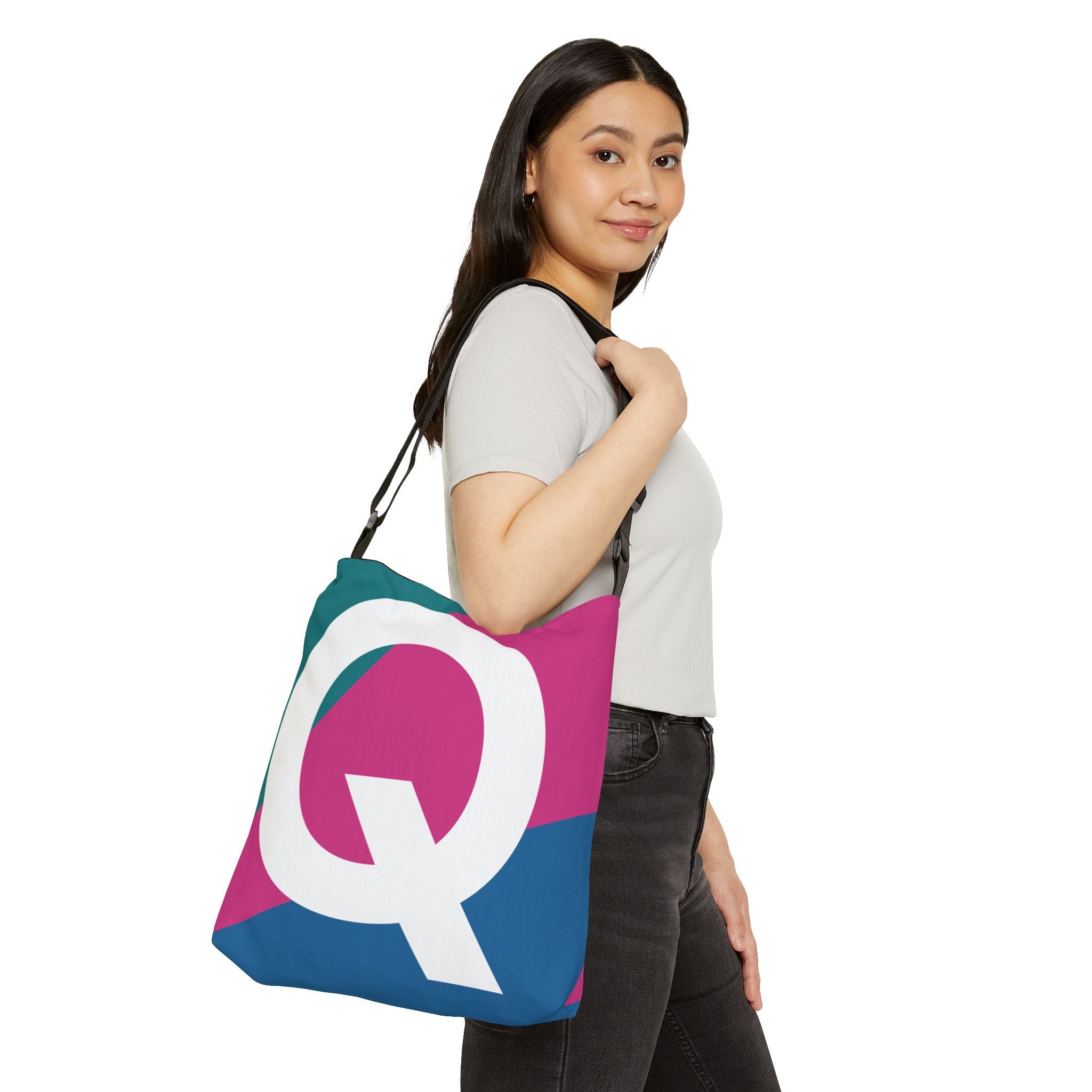 Initial Letter 'Q' Colorblock Adjustable Tote Bag — Monogram Alphabet Shoulder Bag
