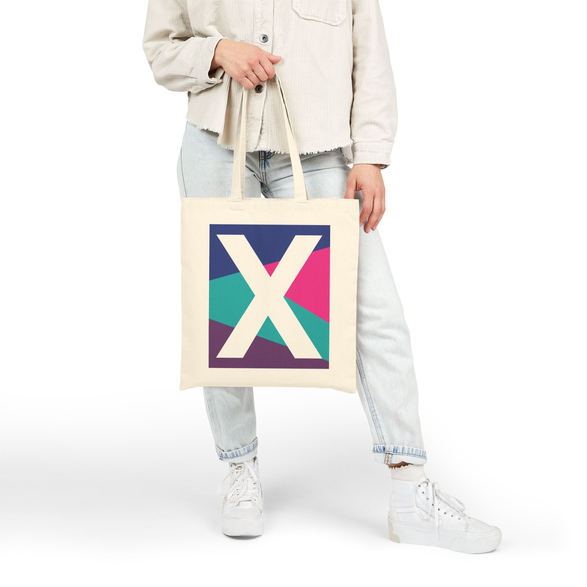 Initial X Colorblock Canvas Tote Bag — Monogram Letter X Reusable Grocery Tote