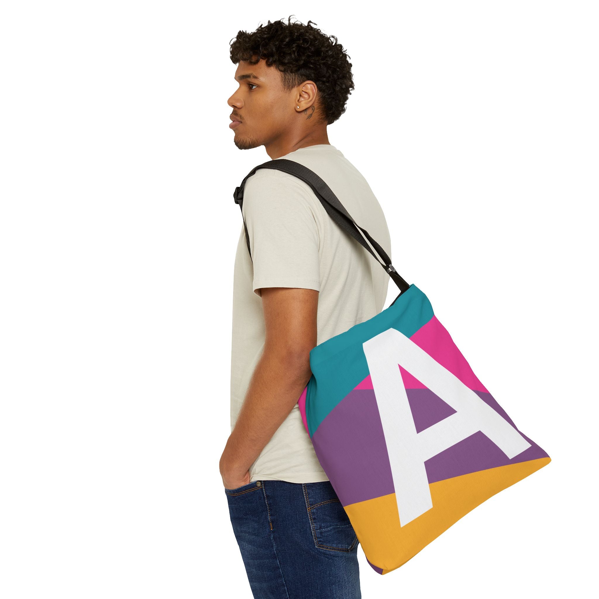 Initial Letter 'A' Colorblock Adjustable Tote Bag — Monogram Alphabet Shoulder Bag
