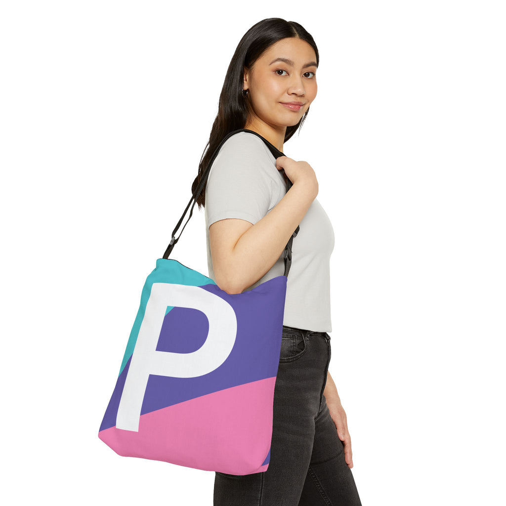 Initial Letter 'P' Colorblock Adjustable Tote Bag — Monogram Alphabet Shoulder Bag