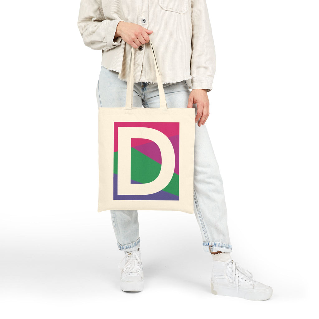 Initial D Colorblock Canvas Tote Bag — Monogram Letter D Reusable Grocery Tote
