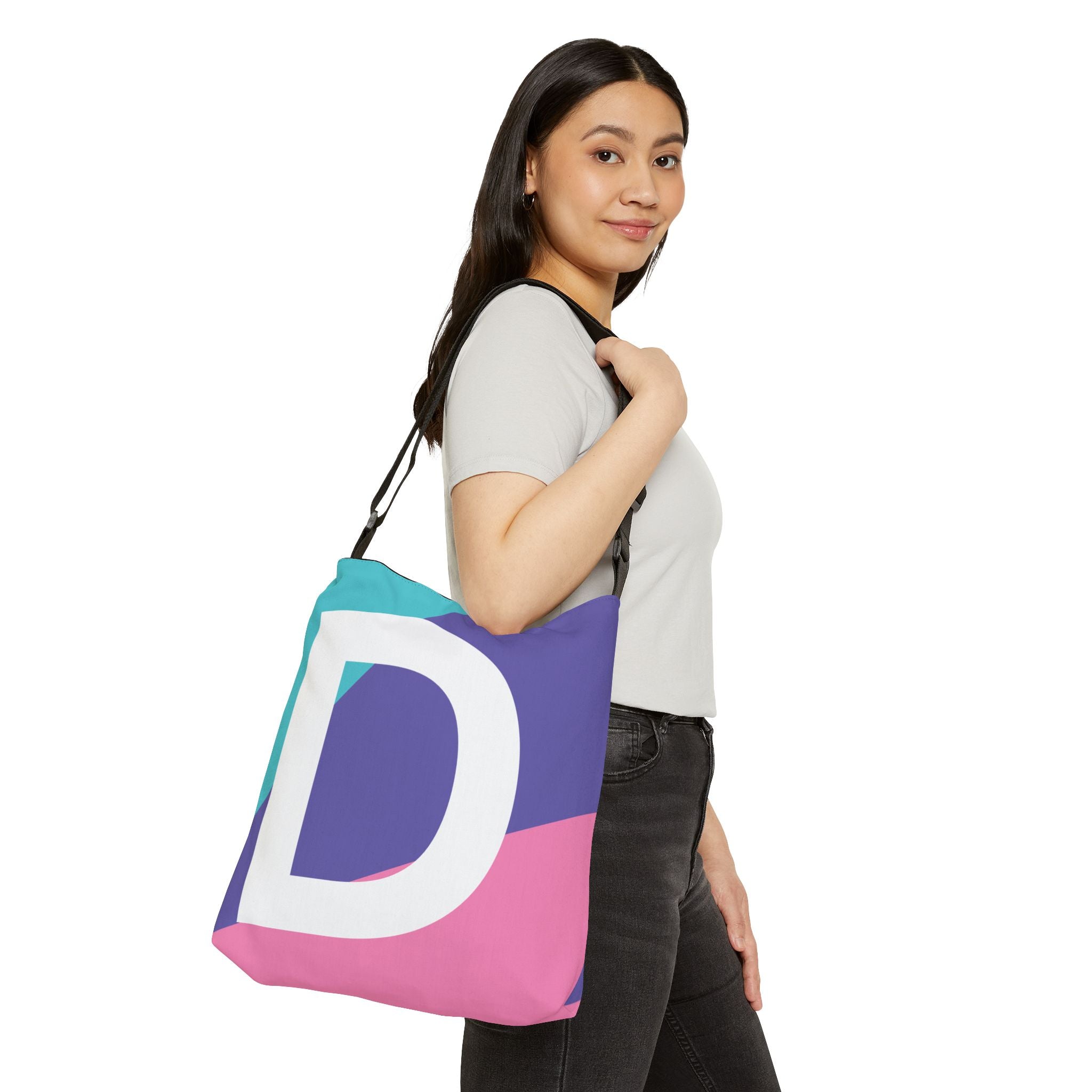 Initial Letter 'D' Colorblock Adjustable Tote Bag — Monogram Alphabet Shoulder Bag