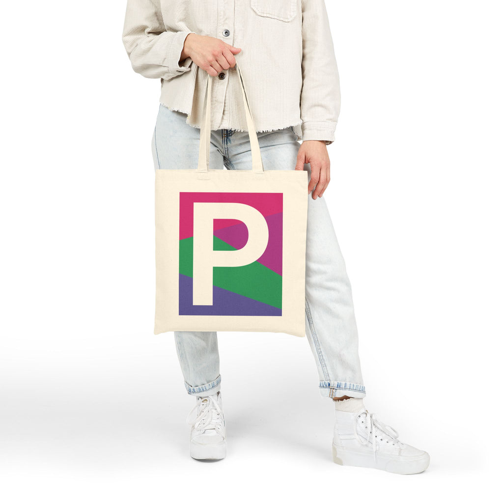 Initial P Colorblock Canvas Tote Bag — Monogram Letter P Reusable Grocery Tote