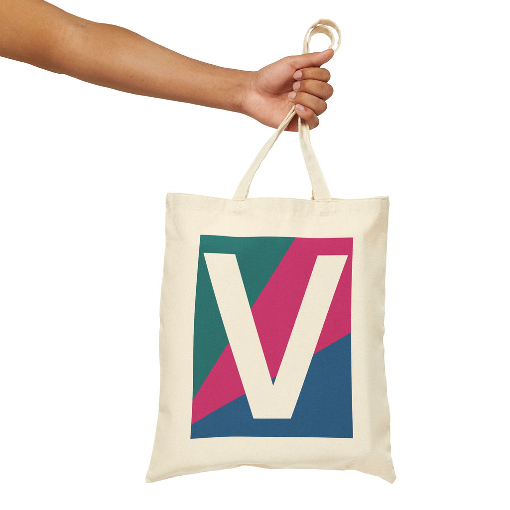 Initial V Colorblock Canvas Tote Bag — Monogram Letter V Reusable Grocery Tote