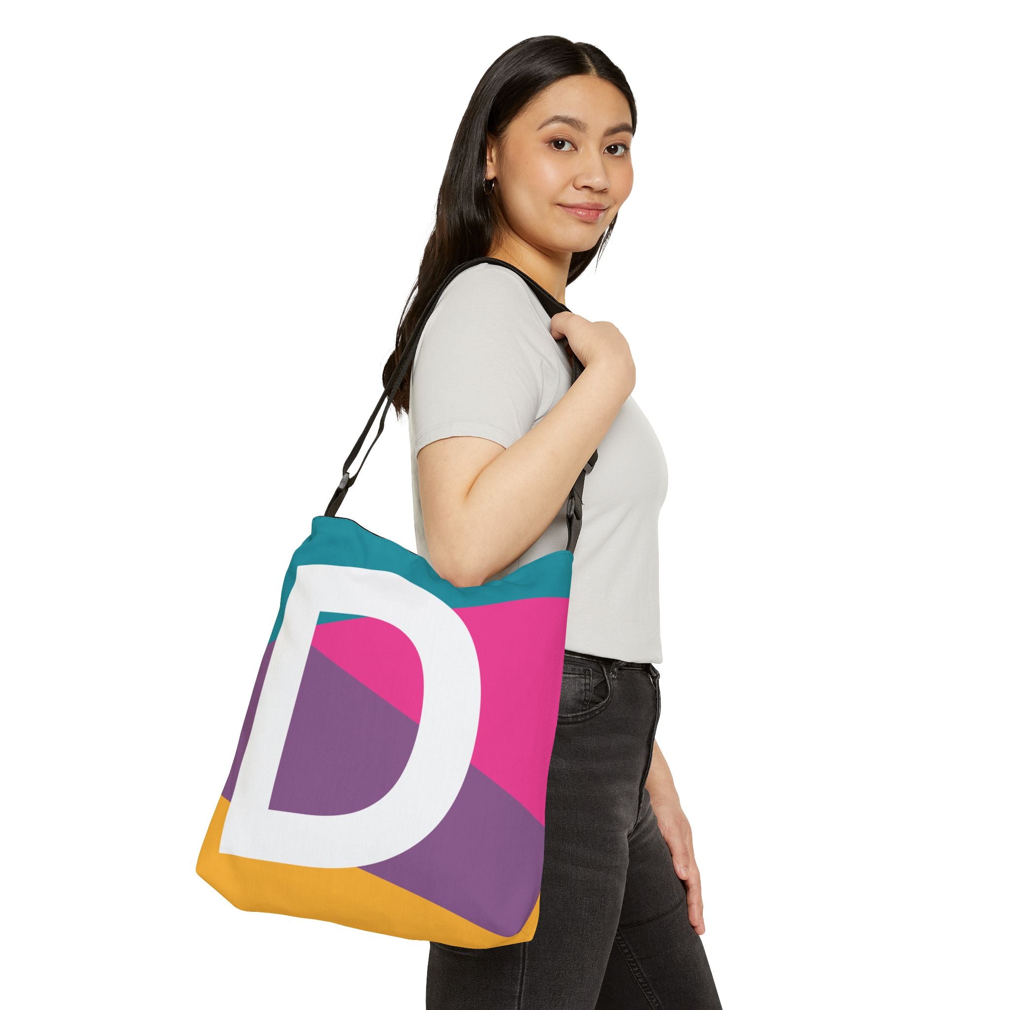 Initial Letter 'D' Colorblock Adjustable Tote Bag — Monogram Alphabet Shoulder Bag