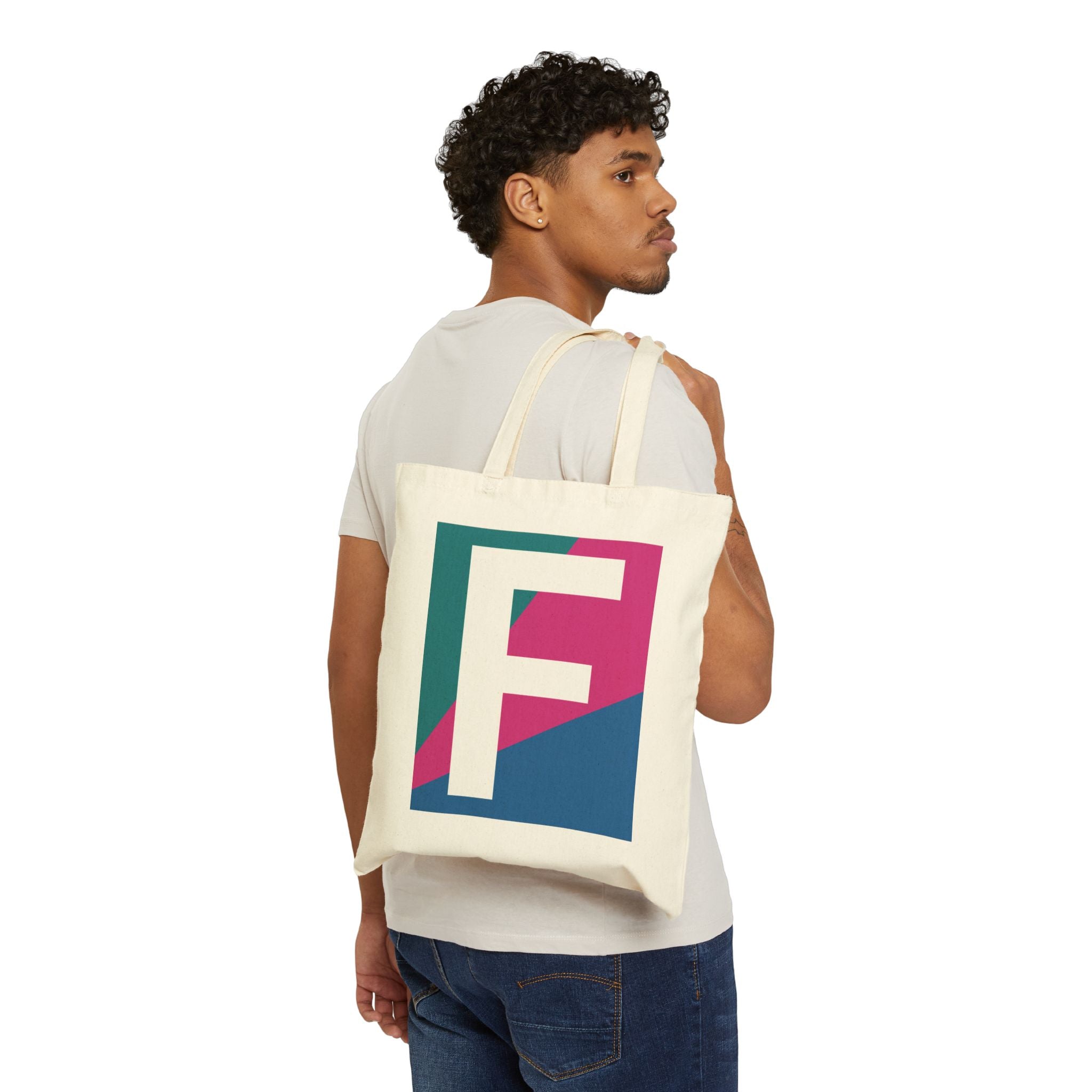 Initial F Colorblock Canvas Tote Bag — Monogram Letter F Reusable Grocery Tote