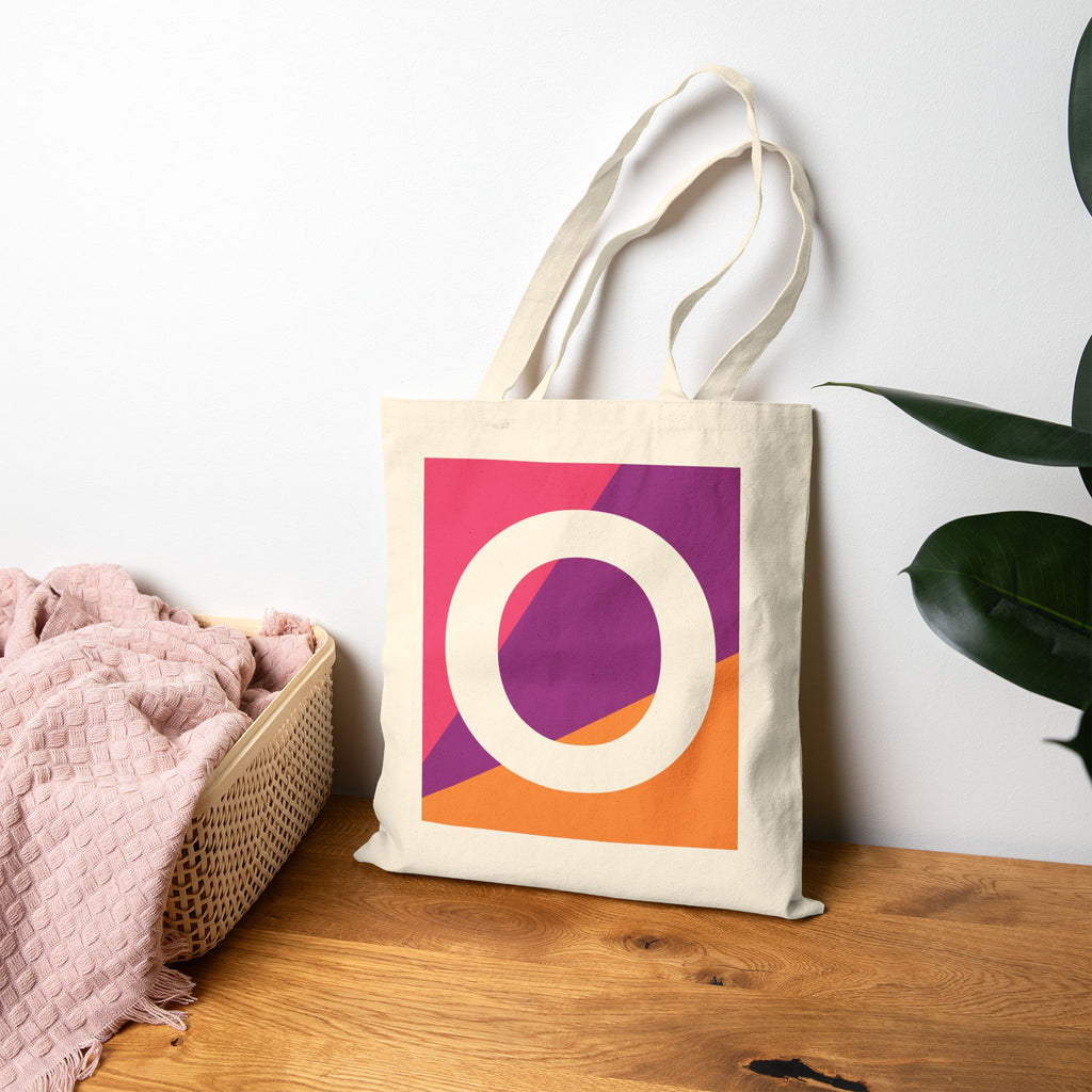 Initial O Colorblock Canvas Tote Bag — Monogram Letter O Reusable Grocery Tote