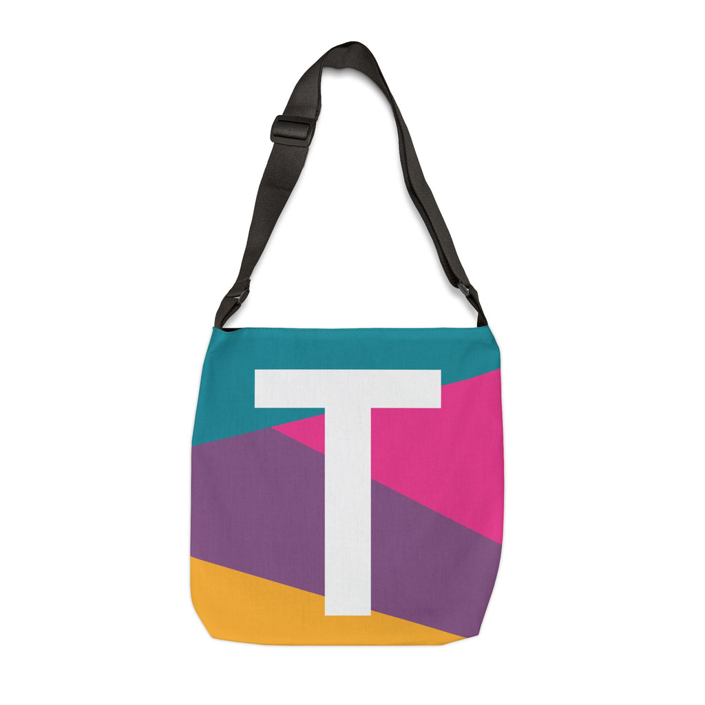 Initial Letter 'T' Colorblock Adjustable Tote Bag — Monogram Alphabet Shoulder Bag