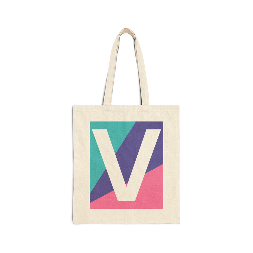 Initial V Colorblock Canvas Tote Bag — Monogram Letter V Reusable Grocery Tote