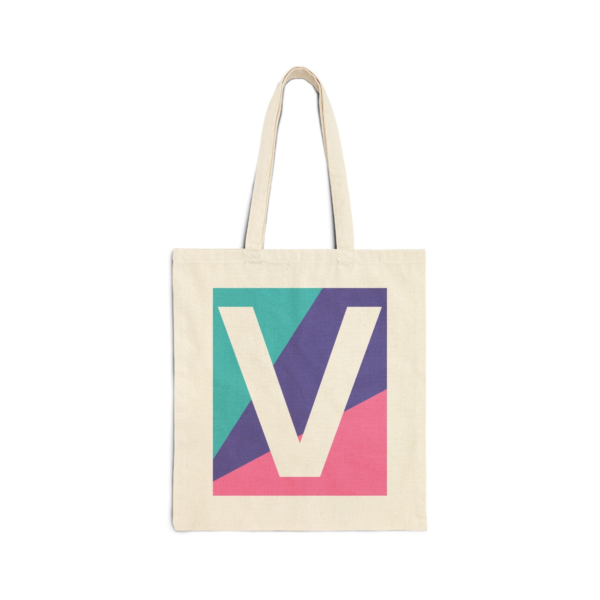Initial V Colorblock Canvas Tote Bag — Monogram Letter V Reusable Grocery Tote