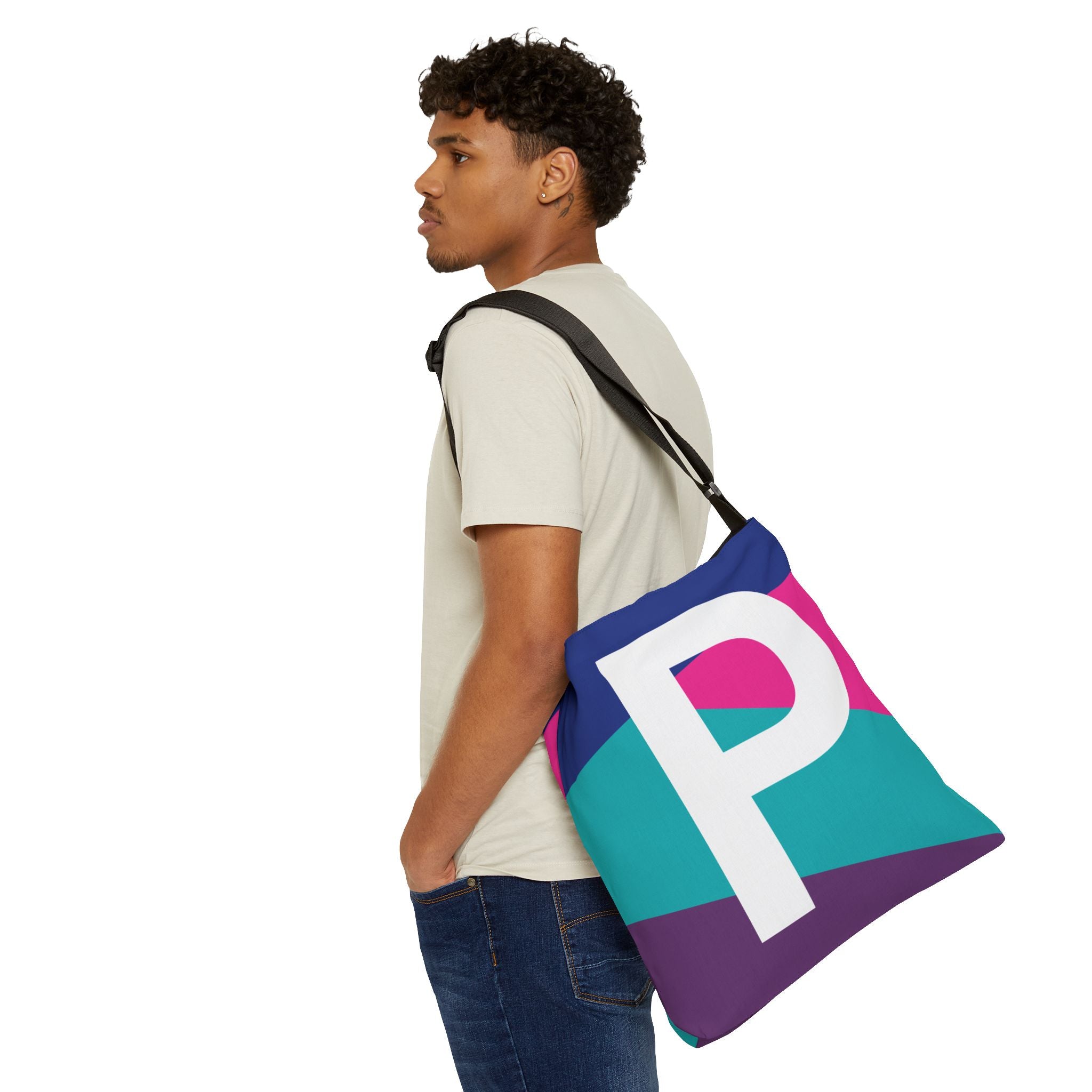 Initial Letter 'P' Colorblock Adjustable Tote Bag — Monogram Alphabet Shoulder Bag