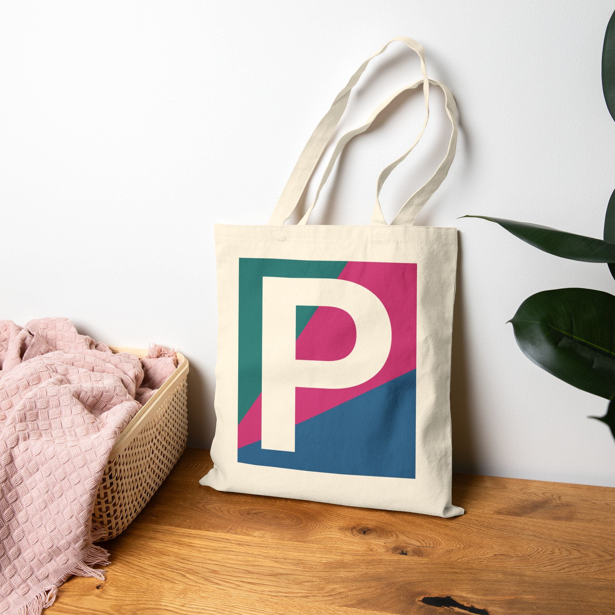 Initial P Colorblock Canvas Tote Bag — Monogram Letter P Reusable Grocery Tote
