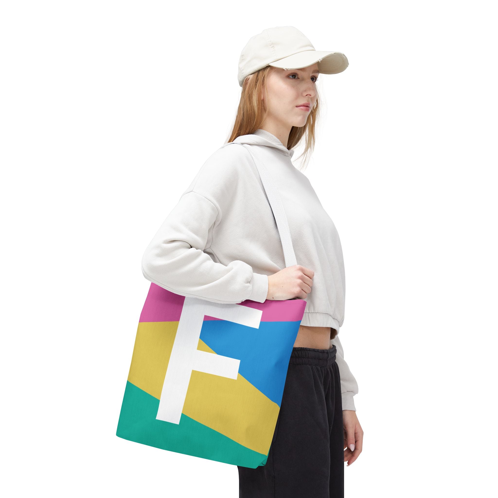 Monogram 'F' Colorblock Tote Bag — Personalized Initial F Shoulder Tote