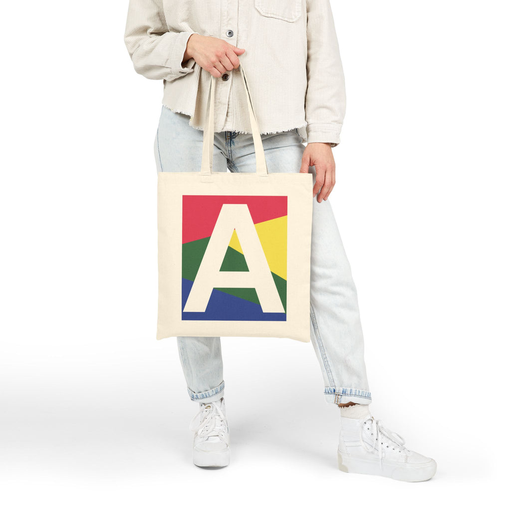 Initial A Colorblock Canvas Tote Bag — Monogram Letter A Reusable Grocery Tote