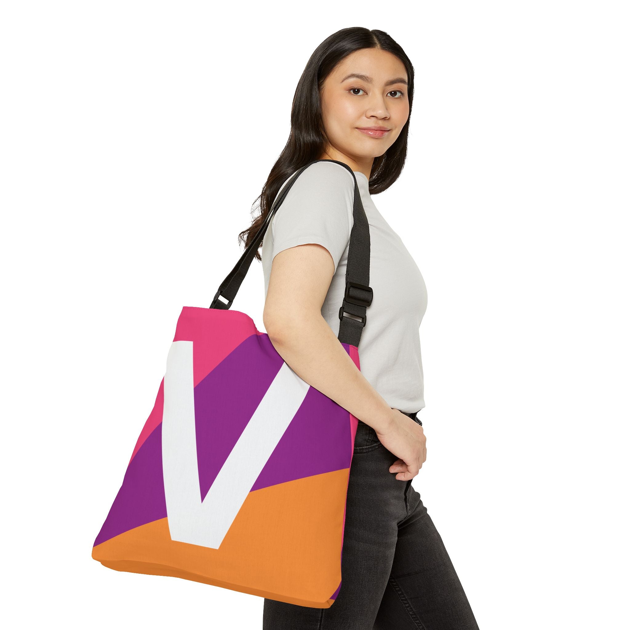 Initial Letter 'V' Colorblock Adjustable Tote Bag — Monogram Alphabet Shoulder Bag