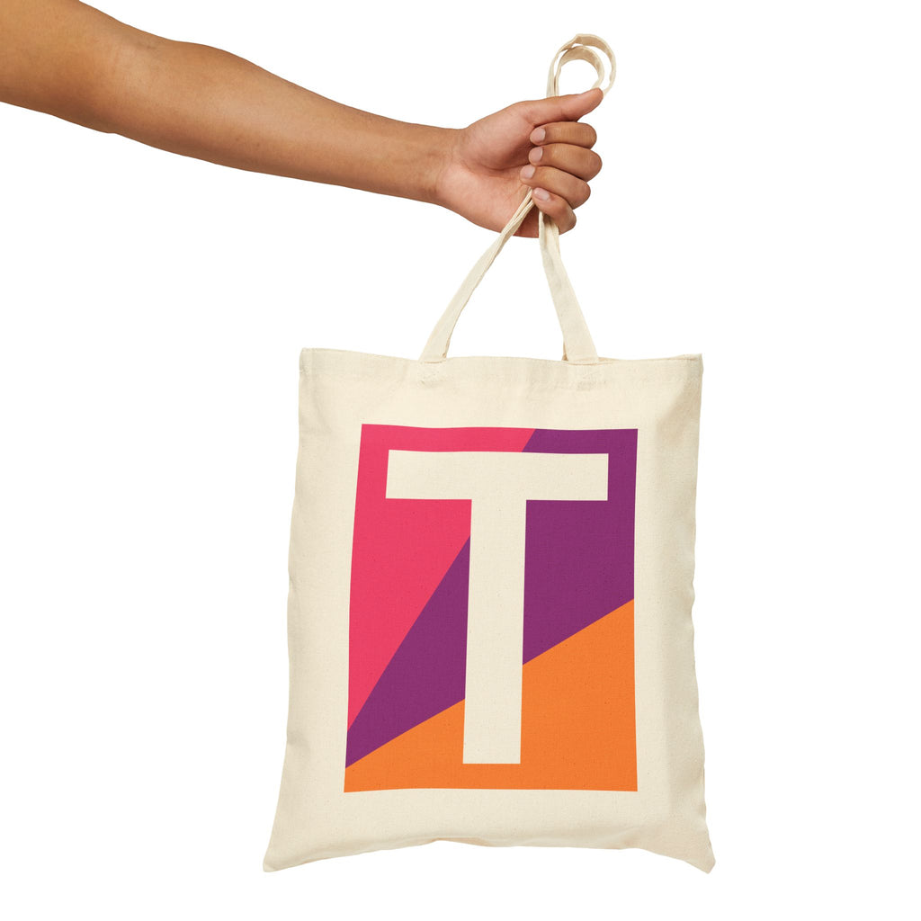 Initial T Colorblock Canvas Tote Bag — Monogram Letter T Reusable Grocery Tote