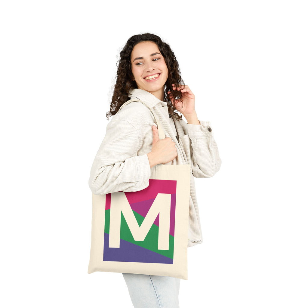 Initial M Colorblock Canvas Tote Bag — Monogram Letter M Reusable Grocery Tote