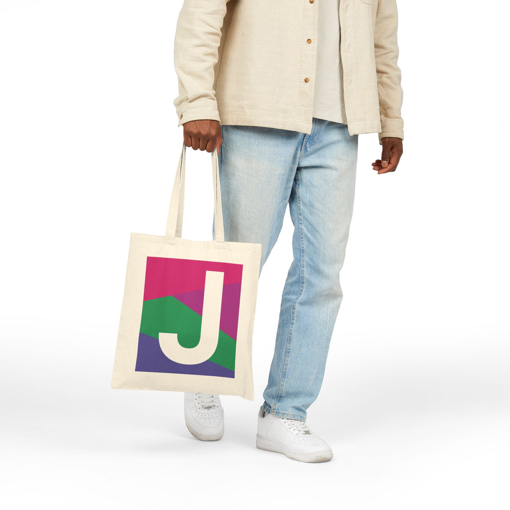 Initial J Colorblock Canvas Tote Bag — Monogram Letter J Reusable Grocery Tote