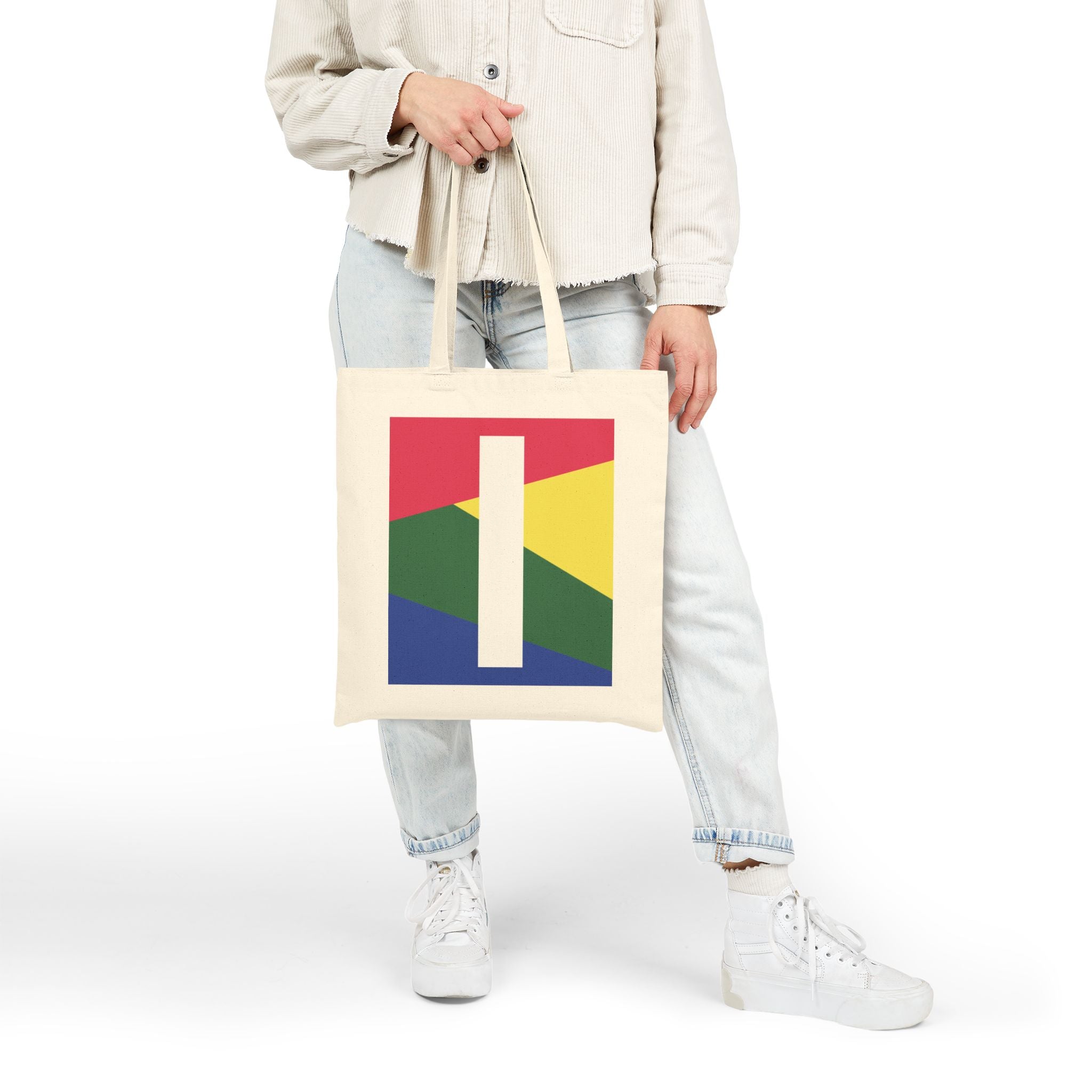 Initial I Colorblock Canvas Tote Bag — Monogram Letter I Reusable Grocery Tote