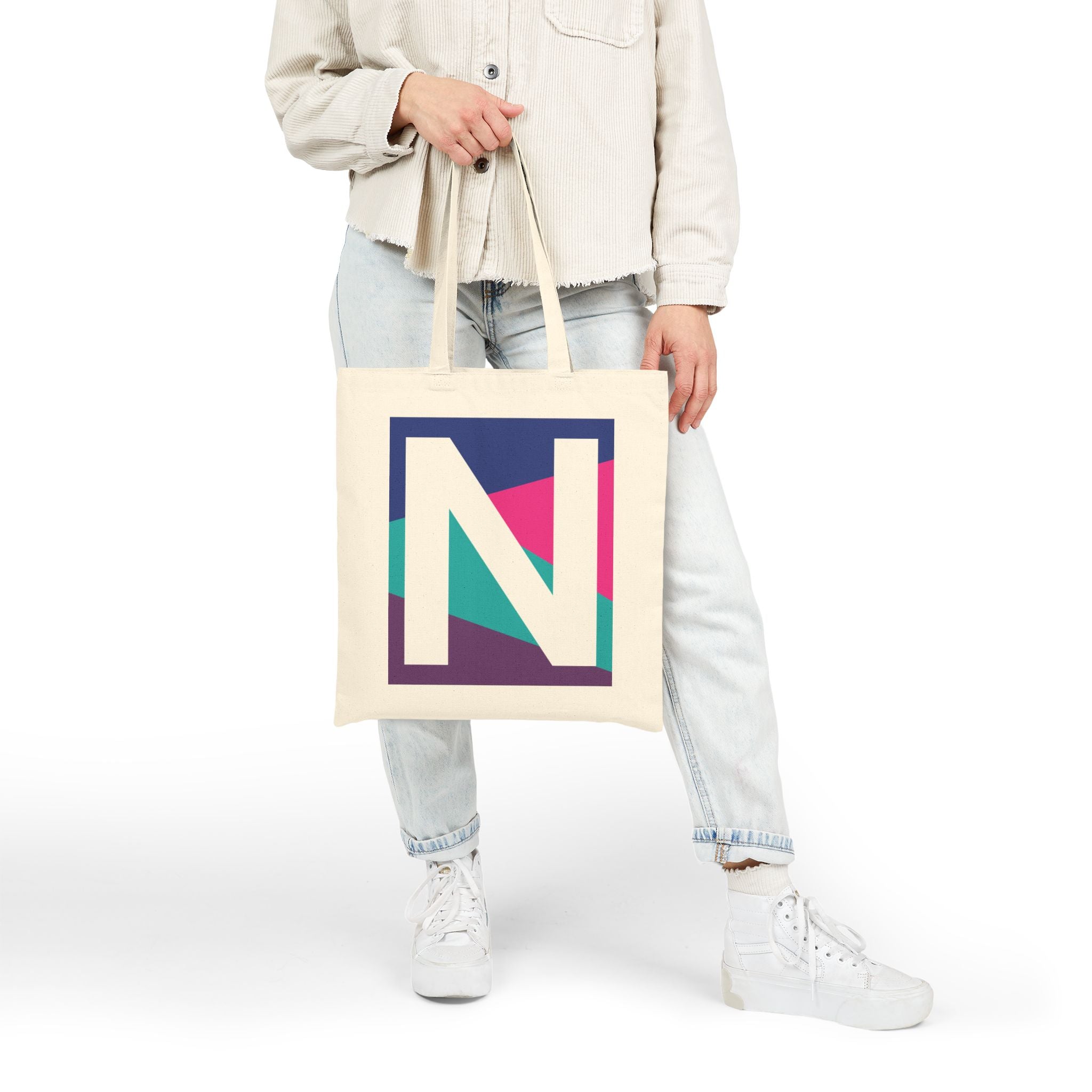 Initial N Colorblock Canvas Tote Bag — Monogram Letter N Reusable Grocery Tote