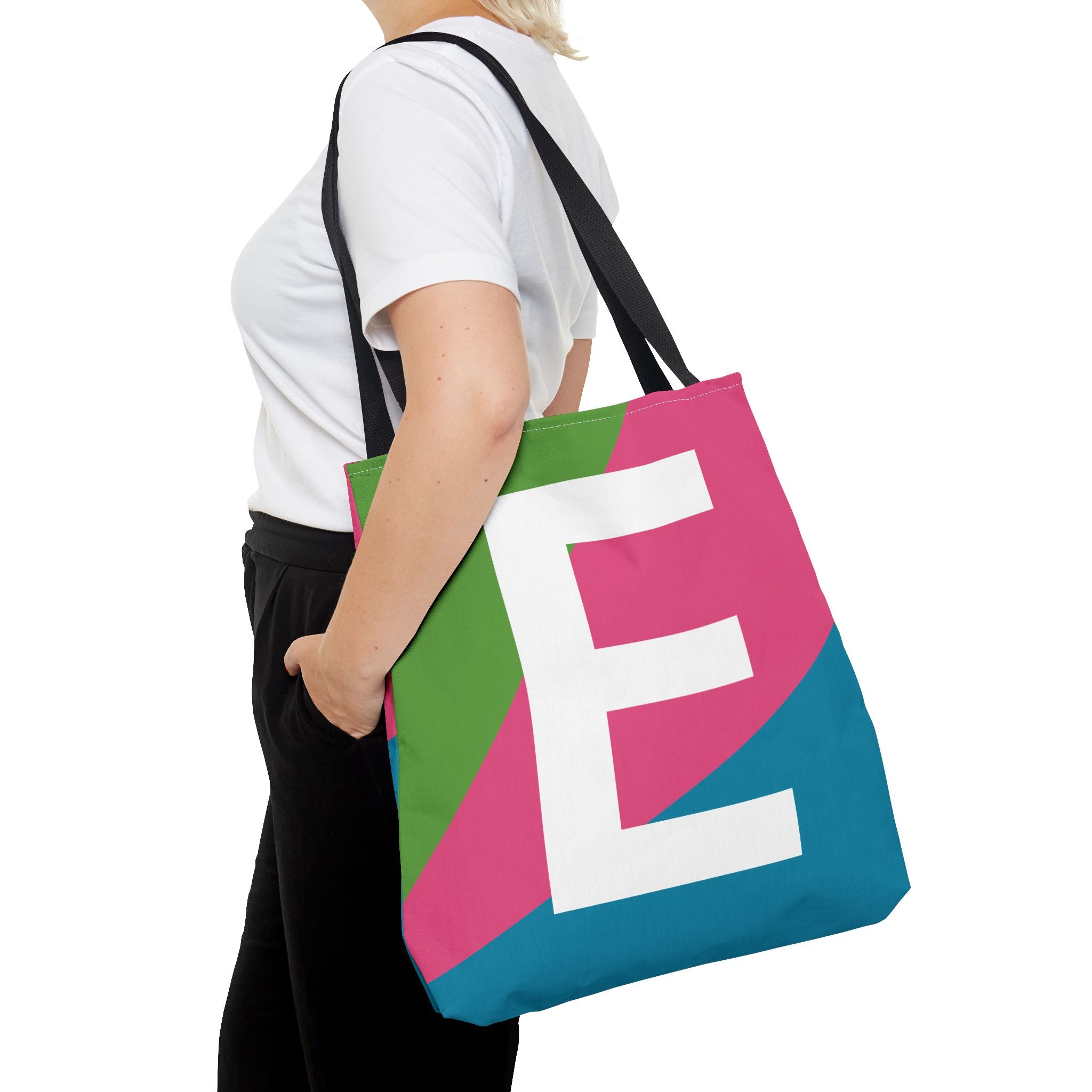 Monogram 'E' Colorblock Tote Bag — Personalized Initial E Shoulder Tote