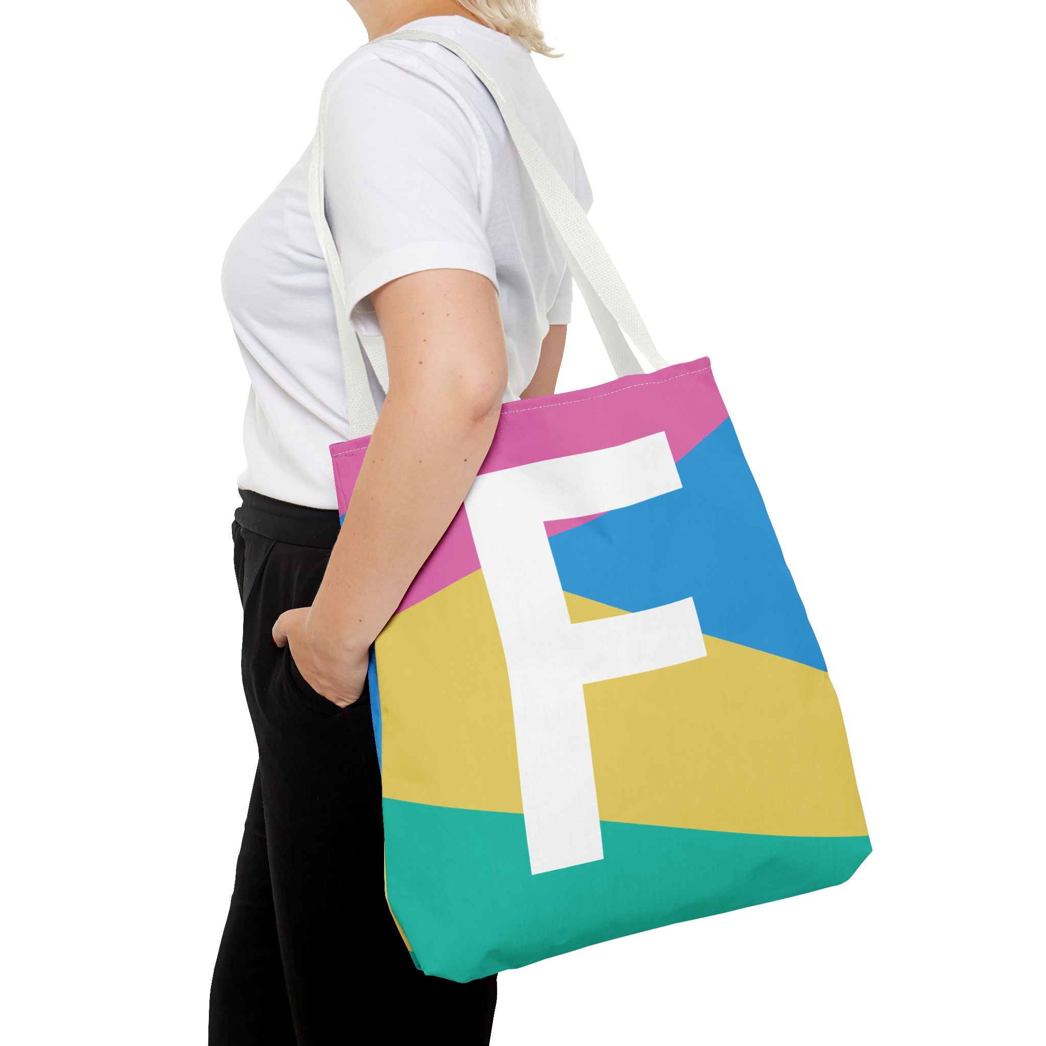 Monogram 'F' Colorblock Tote Bag — Personalized Initial F Shoulder Tote