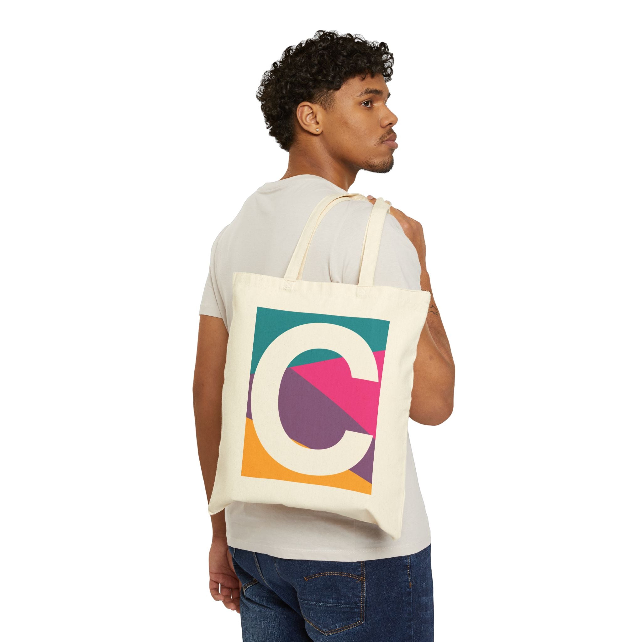 Initial C Colorblock Canvas Tote Bag — Monogram Letter C Reusable Grocery Tote