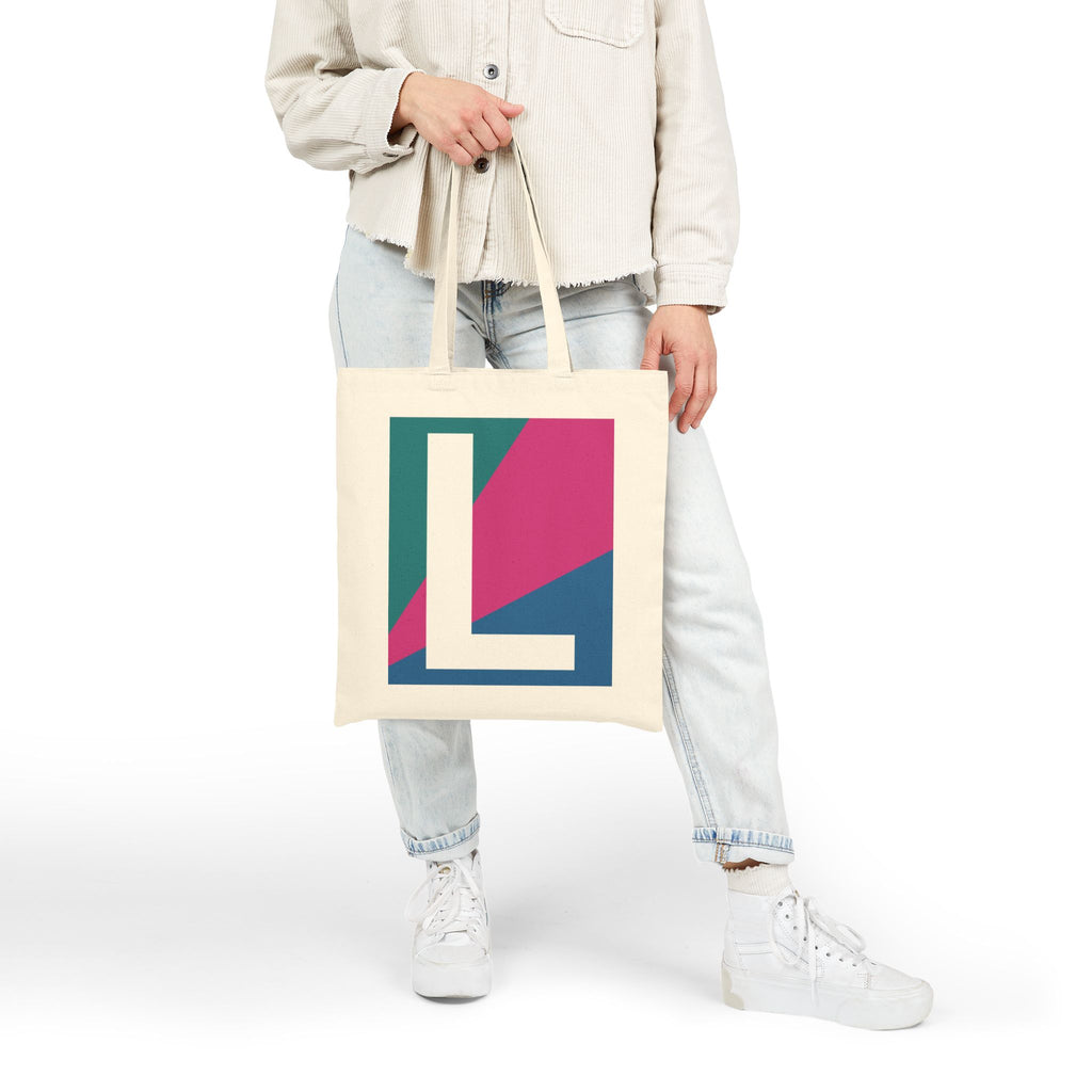 Initial L Colorblock Canvas Tote Bag — Monogram Letter L Reusable Grocery Tote