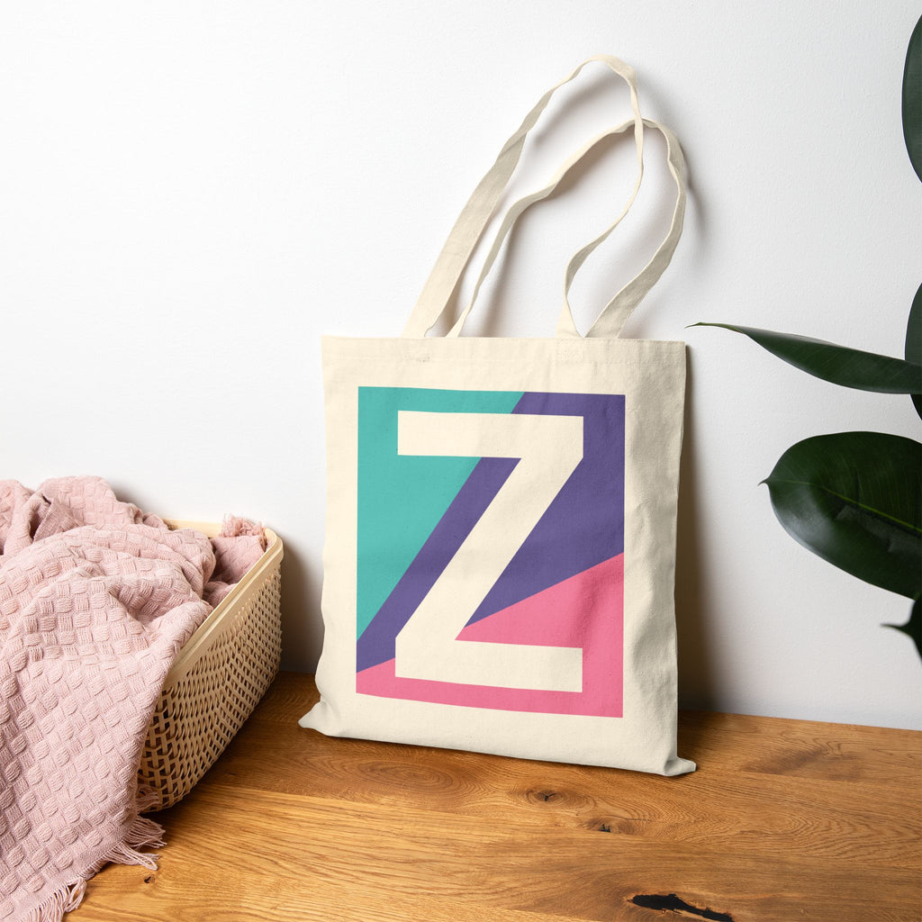 Initial Z Colorblock Canvas Tote Bag — Monogram Letter Z Reusable Grocery Tote