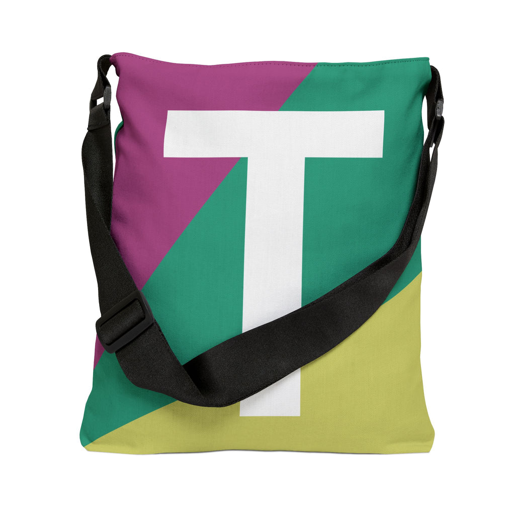 Initial Letter 'T' Colorblock Adjustable Tote Bag — Monogram Alphabet Shoulder Bag