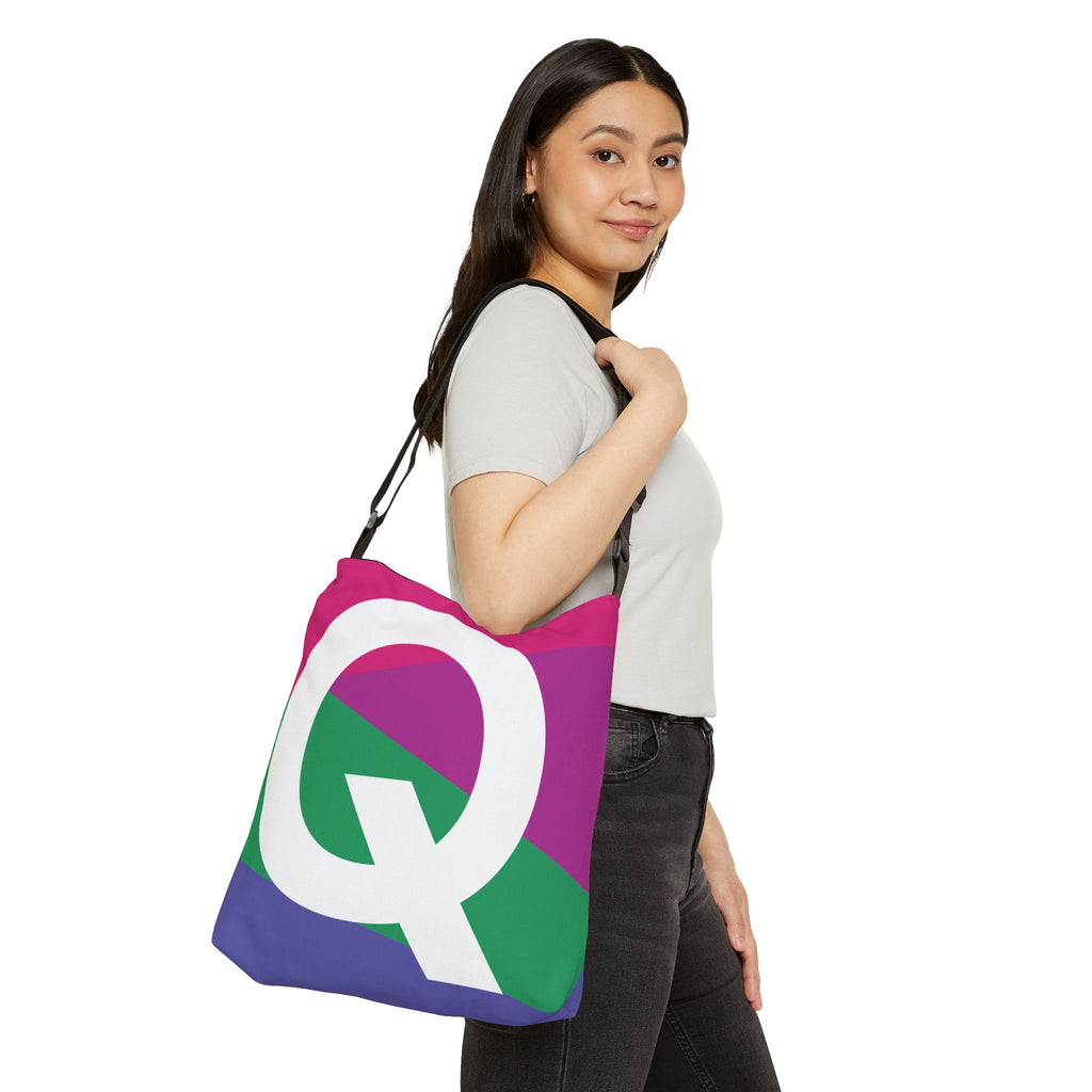 Initial Letter 'Q' Colorblock Adjustable Tote Bag — Monogram Alphabet Shoulder Bag