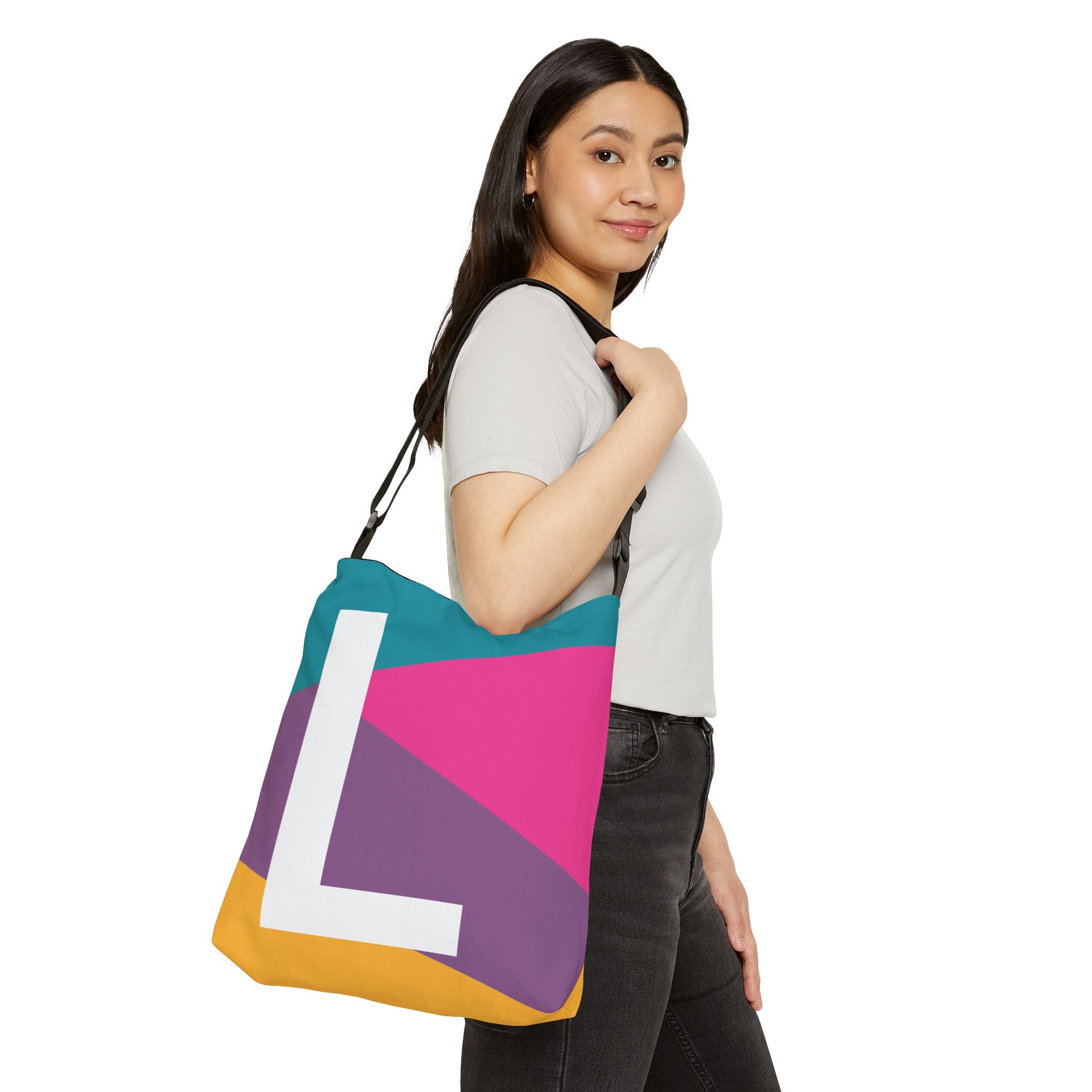 Initial Letter 'L' Colorblock Adjustable Tote Bag — Monogram Alphabet Shoulder Bag