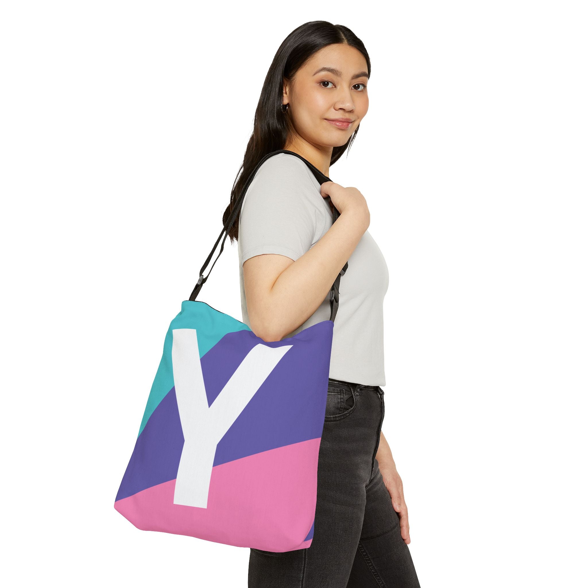 Initial Letter 'Y' Colorblock Adjustable Tote Bag — Monogram Alphabet Shoulder Bag