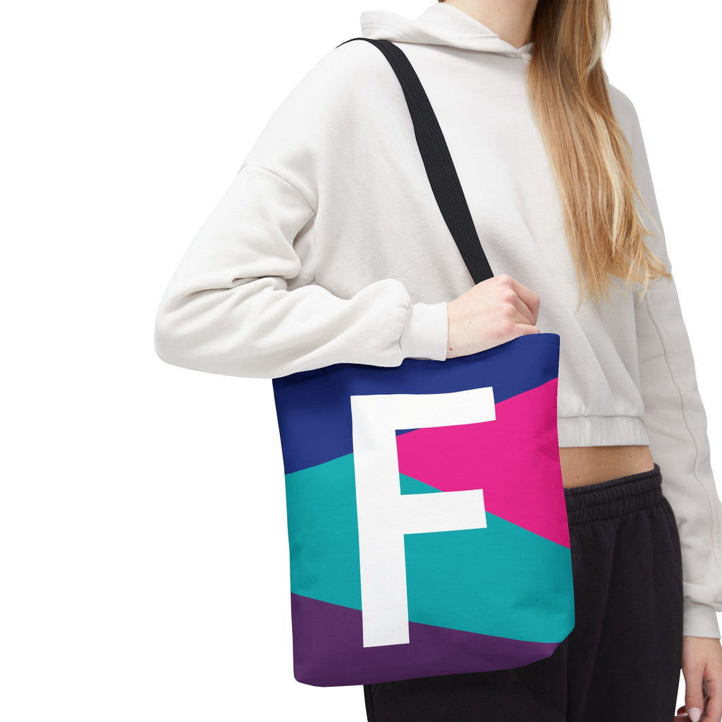 Monogram 'F' Colorblock Tote Bag — Personalized Initial F Shoulder Tote